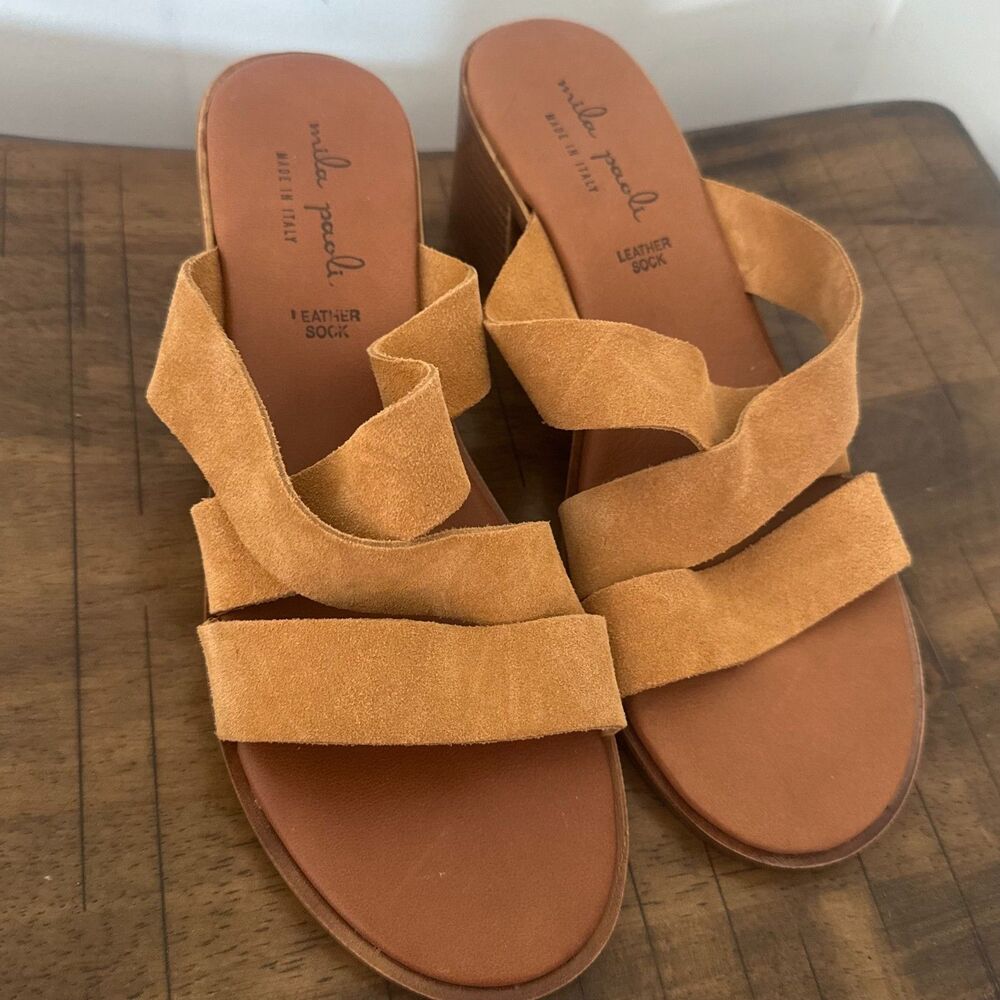 Mila Paoli Made In Italy Suede Slide Sandals Womens 7.5 Tan Block Heel